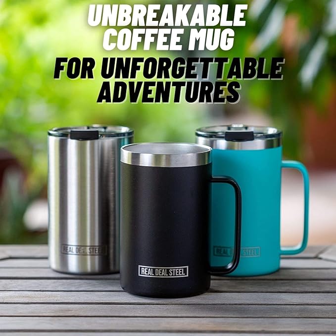 Insulated Mug with Handle and Lid - Stainless Steel Vacuum Coffee Cup, Set of 2, 20 oz - Large Double Wall Coffee or Tea Cup, Thermal Camping Mug Keeps Drinks Hot, Beer Mug That Keeps Beer Cold