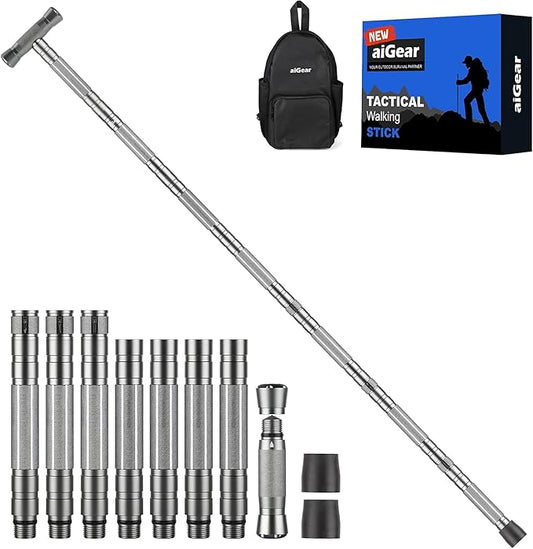 aiGear Tactical Walking Stick - Upgraded Survival Hiking Stick with Outdoor Multi-Tool Gear Trekking Poles for Outdoor Adventures, Trekking, Survival Hiking Tactical Tool