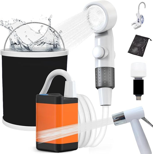 Portable Camping Shower,Rechargeable Outdoor Shower Kit with Foldable Bucket & Handheld Spray,Lightweight Travel Shower for Camping,Hiking,Beach,Car Washing,Pets & Emergency Use