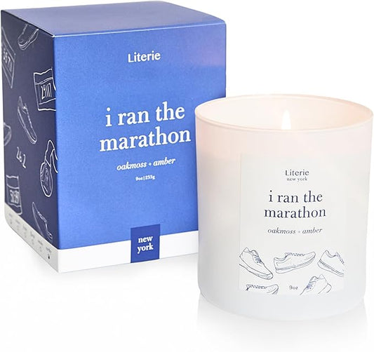 Literie NYC Inspired Scented Candle: I Ran The Marathon - Oakmoss & Amber Scent, 9oz, 50 Hour Burn, Vegan Soy & Coconut Blend Candle for Home Decor, Gift for Women & Men
