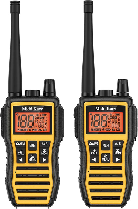 Midd Kacy MK208 Walkie Talkies-Two Way Radio-Rechargeable,61 Channels,121 Privacy Codes,New Flashlight,MEM,IP55 Waterproof,SOS,NOAA Weather Alerts,VOX,Dual Watch-Black/Yellow,2 Pack