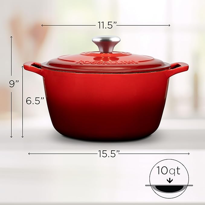 Signature Enameled Cast Iron Dutch Oven, Non-Stick Serving Pot with Tight Fitting Lid for Perfect Roasting, Baking, Sauteing, and Bread Making | 10Q (9.5L) - Red