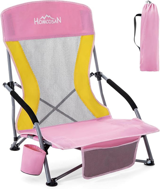 Homcosan Portable Low Folding Beach Chair - Lightweight Camping Chair for Adults with Cup Holder & Storage Pocket, Carry Bag Included (Pink & Yellow)