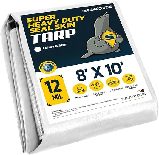 Seal Skin Covers Heavy Duty Waterproof Tarp 8x10 FT, 12 Mil 8 OZ 120 GSM Thick White Poly Tarp with Rustproof Grommets, Tear-Proof Cover with Reinforced Edges for Camping, Pool, Canopy Use