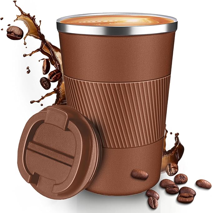 12OZ Travel Coffee Mug Insulated Coffee Cup with Spill Leak Proof Lid, Portable Stainless Steel Tumbler Reusable Hot and Cold Water Mug for Car, Daily, Camping- Coffee
