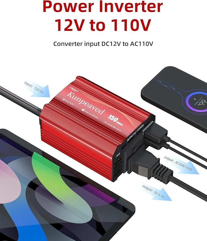 150W Power Inverter DC 12V to 110V Car Charger Converter with Dual USB Ports and AC Outlets for Air Compressor Laptops, Road Trip Accessories (Red)