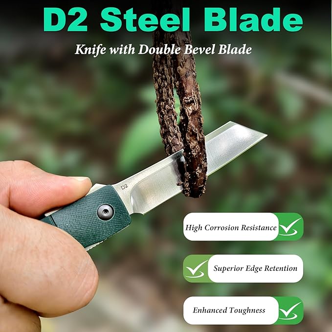 KATSU Folding Pocket Knife with Clip D2 Steel Blade,Handmade Camping Knives for Men Liner Lock G10 Handle Anti-slip Bamboo Style,Japanese Sharp Edc Pocket Knife with Sheath Hiking higonokami