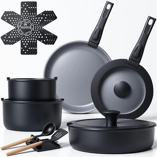 Ammeloo 18 Pcs Pots and Pans Set Non Stick, Induction Ceramic Cookware Set with Detachable Handle,Non Toxic Kitchen Cooking Set with Removable Handle for RVs,Camping,Fridge, Dishwasher/Oven Safe,Black