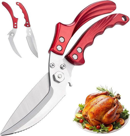 Kitchen Shears Kitchen Scissors for Food - Heavy Duty Stainless Steel Poultry Shears for Chicken, Bone, Meat, Turkey, Fish,Multi Purpose Scissor for Cutting Cooking, Dishwasher Safe (Red)