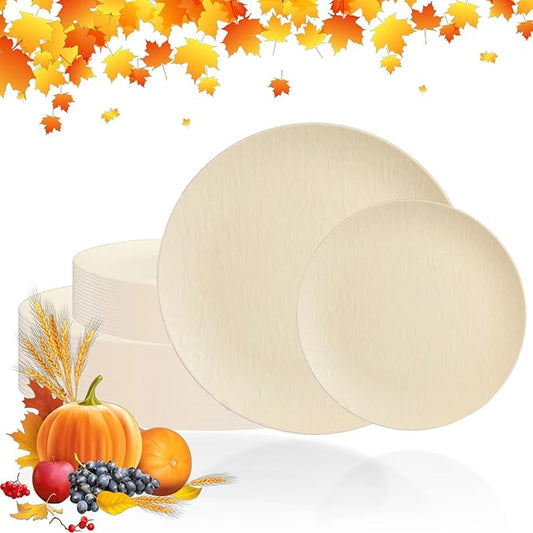 WONDERFUL 32pcs Heavy Duty Thanksgiving Plates Reusable Unbreakable & Dishwasher safe Ivory Plastic Plates Dishes Set Wedding Plate Frosted Design Includes:16 Dinner 10" and 16 Dessert Plate 7.3"
