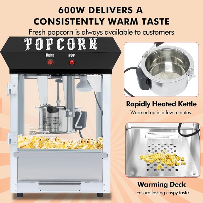6 Ounce Popcorn Machine, Bar Style Popcorn Machine Popcorn Maker 600W Electric Popper for Home Theater Parties, and Events