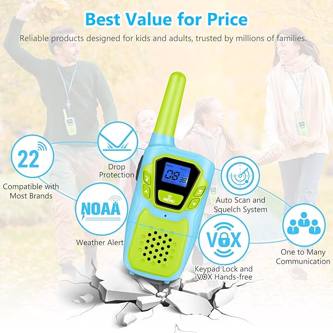 Walkie Talkies for Kids Adults Long Range Rechargeable 2 Pack, USB FRS 2 Way Radio Toys for 3-12+ Year Old Boy Girl Toddler, NOAA Walkie-Talkies 4 Miles for Family Camping Hiking Skiing Cruise