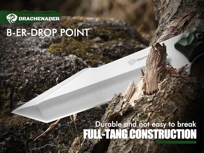 9.29" Tactical Knife B-ER-TANTO POINT, 5Cr14MoV Steel Blade Fixed Blade Tanto Knife with ABS Sheath, Gift for Men, Green, Camping Hunting and Hiking