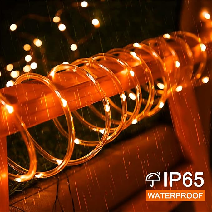 JMEXSUSS Orange Halloween Solar Lights, 66 ft 200 LED Rope Lights Outdoor Waterproof, PVC Tube Orange Christmas String Lights for Halloween Thanksgiving Fall Party Tree Fence Christmas