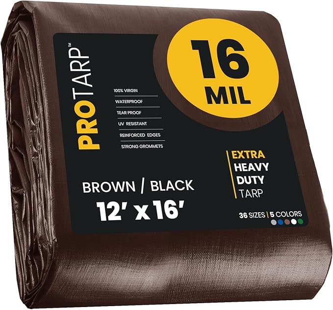 PROTARP Extra Heavy Duty 16 Mil Tarp Cover, Waterproof, UV Resistant, Rip and Tear Proof, Poly Tarpaulin with Reinforced Edges for Roof, Camping, Patio, Pool, Boat. (Brown/Black 12′ X 16′)