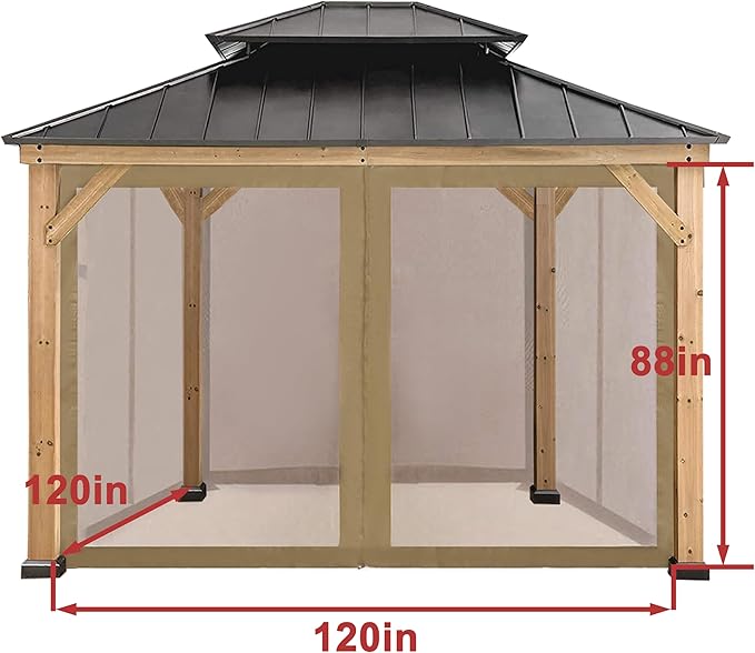 Coastshade Gazebo Canopy Mesh Walls Replacement 10x10 Gazebo Pergola Mosquito Screen Netting for Gazebos with 48Curtain Rings & 48Rail Hooks,Khaki
