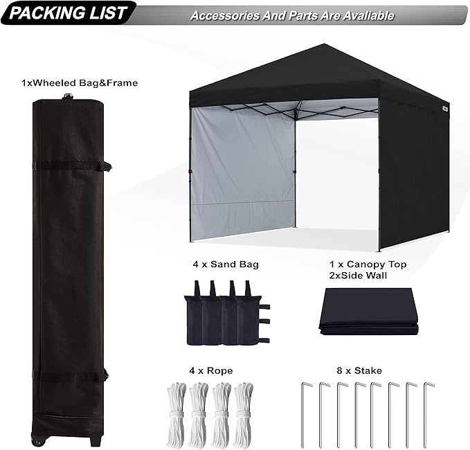 ABCCANOPY Easy Pop up Canopy Tent with 2 Sidewalls for Outdoor Sun Blocking or Rain Protection,10x10, Black