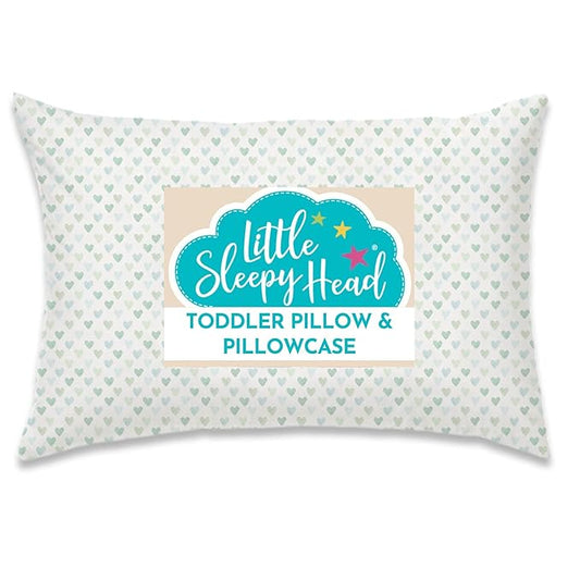 Little Sleepy Head Toddler Pillow with Pillowcase 13x18 - Kids Pillow for Sleeping - Better Neck Support Ergonomic Pillow and Toddler Pillowcase - Best Pillows for Kids (Hearts Sage)