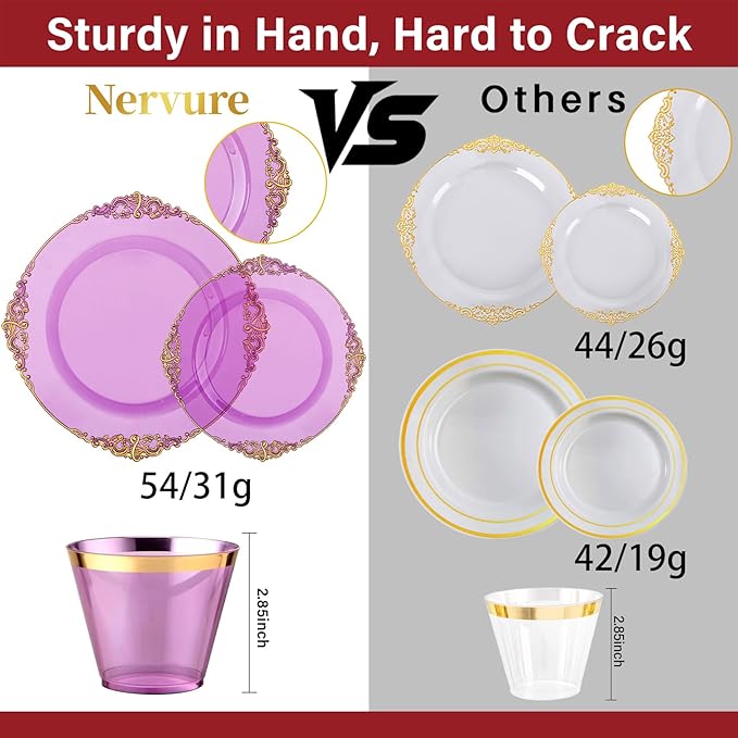 Nervure 175PCS Purple Plastic Plates - Disposable Purple Gold Party Plates & Pre Rolled Napkins with Cutlery for 25 Guests, 50Plates, 75Silverware, 25Cups, 25Napkin for Wedding & Party