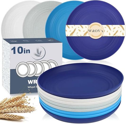 Wheat Straw Plates - 10 Inch Unbreakable Dinner Plates Set of 8 - Dishwasher & Microwave Safe Plastic Plates Reusable - Plates easy to clean for kitchen,camping.White-Grey-Blue, Island Series
