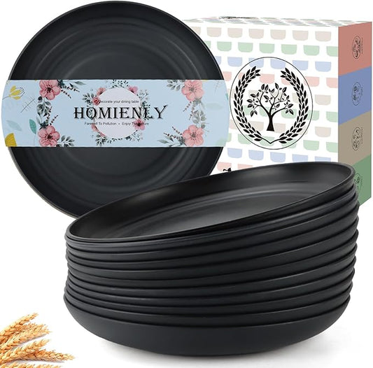 Homienly Deep Dinner Plate Set of 12 - Alternative to Plastic - Microwave & Dishwasher Safe - Wheat Straw Construction - Unbreakable - Ideal for Kids (Black, 9 inch)