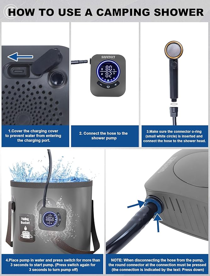 Portable Camp Shower Pump, IPX8 Waterproof, 8000mAh Rechargeable Shower Pump, 5 Speed Mode & 4 Water Mode Camping Shower with 20 L Foldable Bucket, Shower for Hiking,Travel, Pet Bath, Car Wash