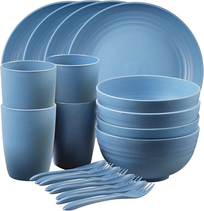 Shopwithgreen Wheat Straw Dinnerware Sets for 4, 20 PCS Unbreakable Plates and Bowls Sets, Reusable Dinner Dishes Set, Bowls, Cups, Plates for Camping, Kitchen, RV, Dorm, Dishwasher Microwave Safe