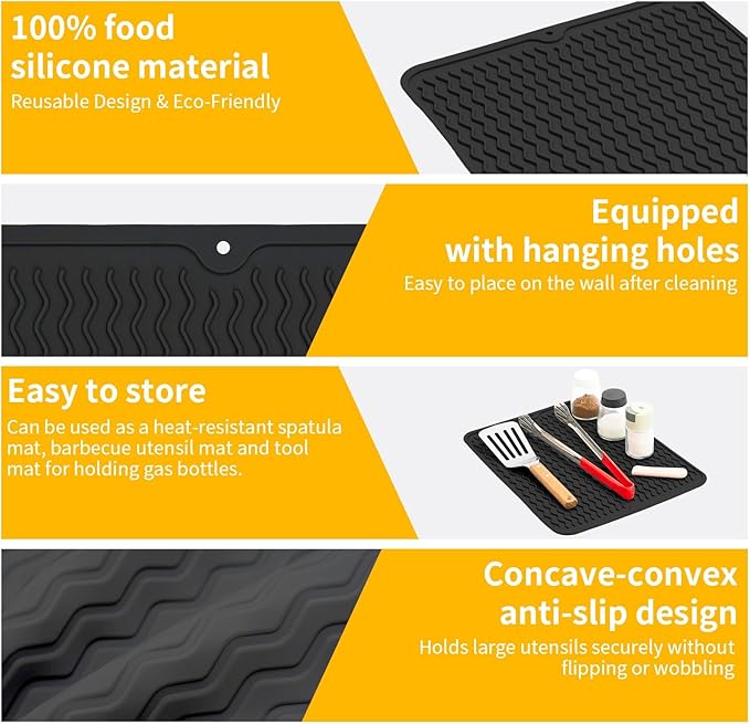 Silicone Grill Mat for Blackstone, Silicone Side Shelf Tool Mat, Outdoor BBQ Spatula Mat, with Drip Pad Kitchen Countertop Heat Resistant Mat, Griddle Accessories (Black)