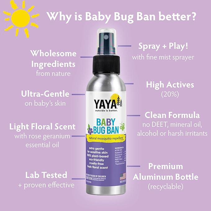 YAYA ORGANICS Baby Bug Ban Spray + Wipe Bundle - All-Natural Repellent Made with Essential Oils for Babies, Little Kids and Sensitive Skin (4 Ounce Spray + 12-Pack Wipe)