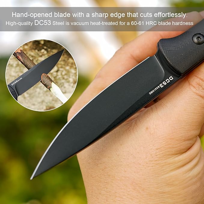 Small Fixed Blade Knife,Full Tang Design knife.3.27inch DC53 Steel Blade and G10 Handle,with Kydex Sheath,Fixed EDC Tactical Knife for Men Women,Outdoor Hiking Camping Knives