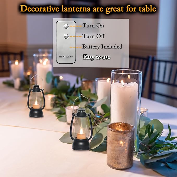 LLQ Small Lantern Decorative with Remote, Vintage Mini Candle Lanterns Decor, Black Lantern Decor for Table Centerpieces,Camping,Western Party,Rustic Wedding,Halloween,Christmas Decor