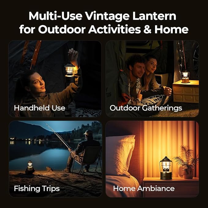 BougeRV VL01 Camping Lantern, Stepless Dimming LED Light, Tungsten Filament Glow, Rechargeable Vintage Lantern, IPX5 Portable Hanging Lamp for Camping, Hiking, Power Outage, Adventure, Emergency Use