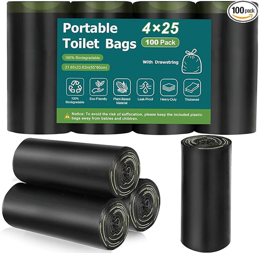 100 Portable Toilet Bags, Camping Toilet Bags, Biodegradable Toilet Bags with Drawstring & Lemon Scent, Compostable Bags for 5-8 Gallon Bucket Toilet Seat for Outdoor Camping Car Travel