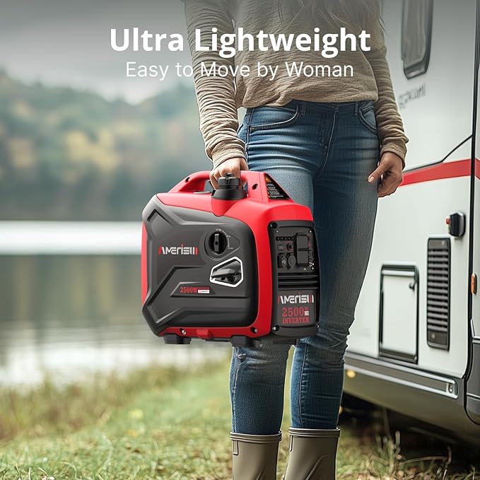 2500-Watt Inverter Generator, Super Quiet & Lightweight Gas Powered Generator, CO Sensor, RV Ready Parallel Capable, Long Run Time for Camping, Tailgating and Home Use