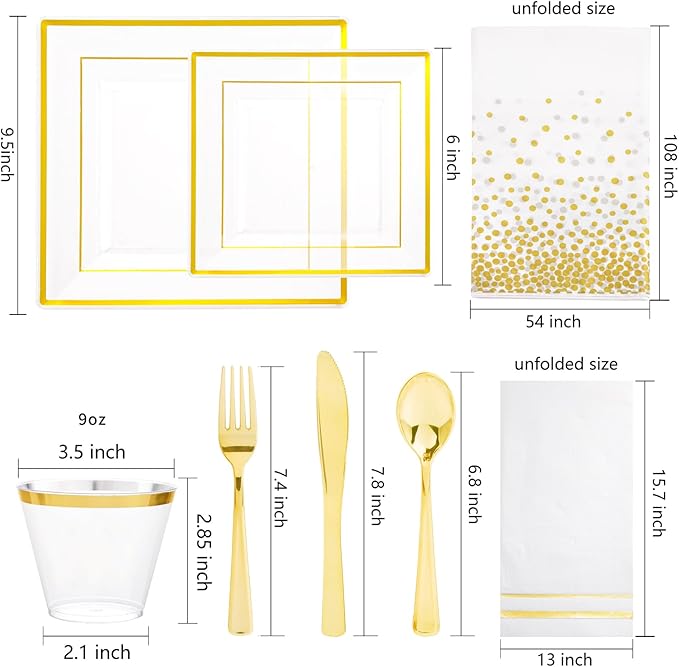 Festiva 176Pcs Clear and Gold Plastic Plates - Square Clear Plates with Gold Trim - Dinnerware Set for 25Guest include Cups Cutlery Napkins for Thanksgiving Party&Wedding&New Year