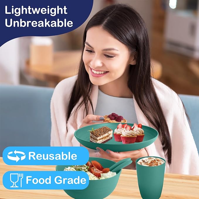 Wheat Straw Dinnerware Sets for 4, Unbreakable & Lightweight Plates and Bowls Sets, Travel Camping Cutlery Set, Dishwasher Microwave Safe 20-Piece Dinnerware - Dark Green