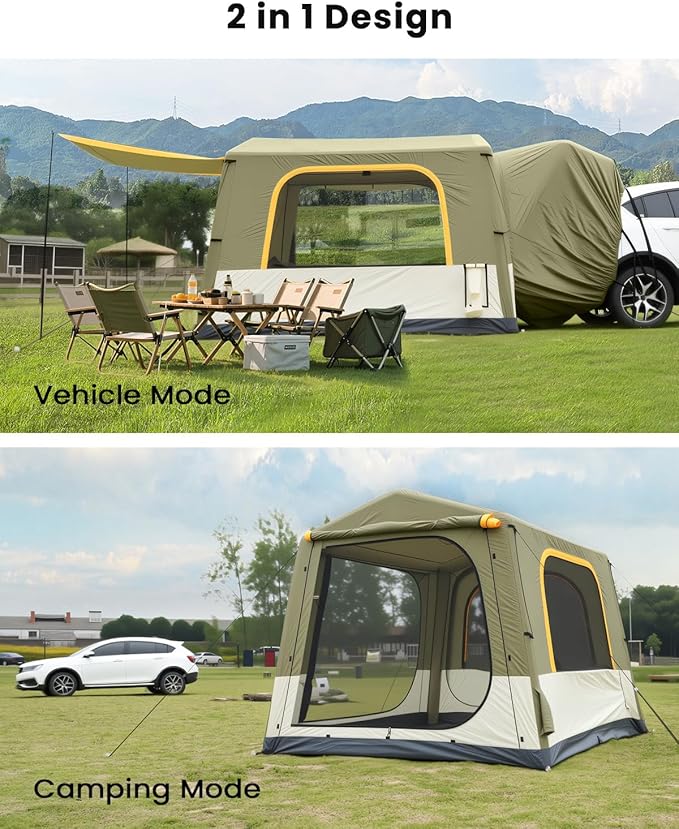 Inflatable SUV Tents for Camping, Pop Up Car Tent, Large SUV Tent Attachment for Camping, 2 in 1 Inflatable Tents Attach to Back Car with AC Port - ArmyGreen