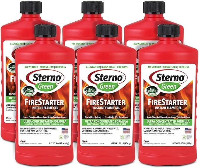 Sterno Fire Starter Fluid Gel - Firestarter for Instant Flame, Concentrated Ethanol Fuel for Camp Fire or Fireplace, All-Weather Ethanol Burner for Indoor & Outdoor, 16 Oz Each, Pack of 6 Bottles
