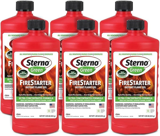 Sterno Fire Starter Fluid Gel - Firestarter for Instant Flame, Concentrated Ethanol Fuel for Camp Fire or Fireplace, All-Weather Ethanol Burner for Indoor & Outdoor, 16 Oz Each, Pack of 6 Bottles