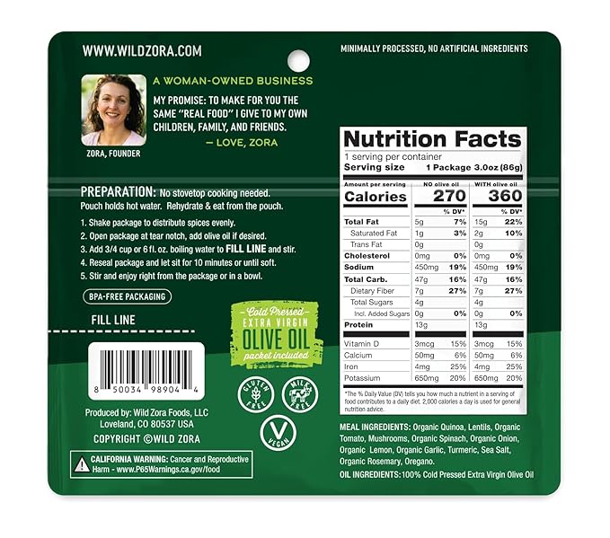 Wild Zora Instant Organic Quinoa Meals, Quick & Tasty Prepared Bowls, Pantry Staples Gluten-Free Meal with Lentils Plus 10g Olive Oil Packet, Greek Garden, Tomatoes, Spinach, Mushrooms (3-Pack)