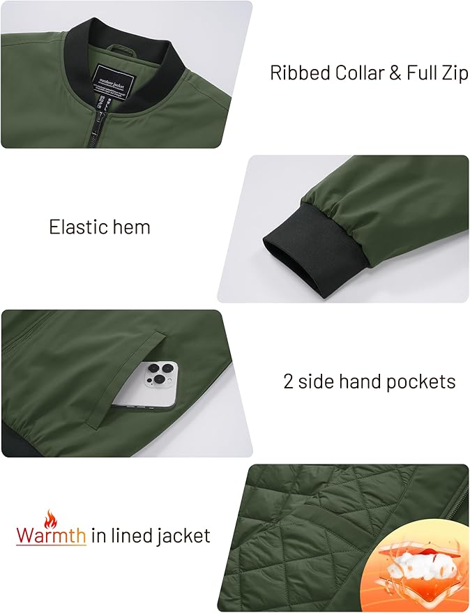 Cotrasen Men's Bomber Jacket Full Zip Windbreaker Warm Winter Windproof Casual Outwear Padded Lined Coats