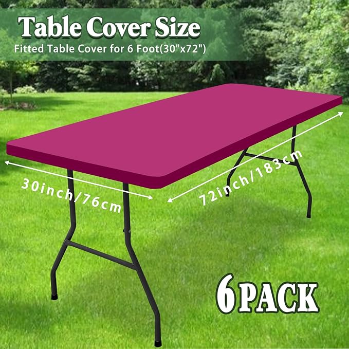 6 Pack Picnic Table Cover Elastic Fitted Outdoor Tablecloths for 6 Foot Rectangle Table Waterproof Stretch Washable Patio Folding Spandex Tablecloth for Camping Banquet Parties (Hot Pink,30" x 72")