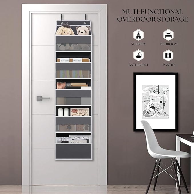 Over Door Organizer with 5 Large Pockets, Heavy Duty Hanging Organizer Storage, Closet Bathroom Nursery Bedroom Dorm, Toys Cosmetics Sundries and Baby Essentials, Gray