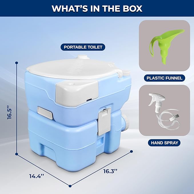 SereneLife 5.2 Gallon Portable Camping Toilet, 120 Flushes with Plastic Funnel, Hand Spray, Diagonal Seat and Mobile Holder, Portable Potty for Camping, Hiking, Roadtrip, Car, Tent
