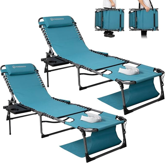FUNDANGO 4 in 1 Tanning Chair with Face Hole, Beach Lounge Chair w/Canopy Shade & Side Table Chaise Lounge Chairs for Patio, Pool, Lawn, Sunbathing, 5-Position Adjustable Sun Lounger, Set of 2 Cyan