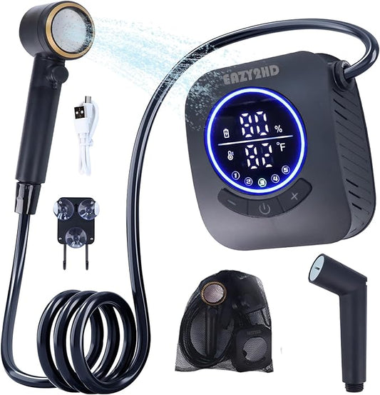 Eazy2hD Portable Camping Shower 8000mAh Rechargeable Outdoor Shower Pump with Intelligent Display, 4 Spray Modes, IPX8 Waterproof for Camping, Hiking, Pet Bath,Car Washing,Surf & Boat Cleaning
