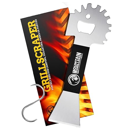 Mountain Grillers BBQ Grill Grate Scraper - Wide Portable Grill Scrubber for Outdoor Grill, Griddle, Smoke or Oven Grates - Non Slip Stainless Steel Grill Cleaning Tools with Built-in Bottle Opener