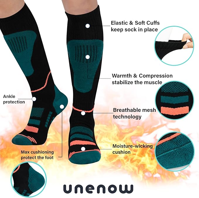 Merino Wool Ski Socks 2 Pairs, Thermal Knee High Warm Socks for Snowboarding, Hiking, Cold Weather, Snow, Hunting