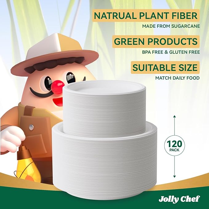 JOLLY CHEF Compostable Heavy Duty Plates 𝟳 𝗶𝗻𝗰𝗵 𝗮𝗻𝗱 𝟵 𝗶𝗻𝗰𝗵 [𝟭𝟮𝟬 𝗣𝗮𝗰𝗸] Eco-Friendly Disposable Paper Plates Bagasse Biodegradable Sugarcane Fibers Round Bulk for Party Dinner(White)