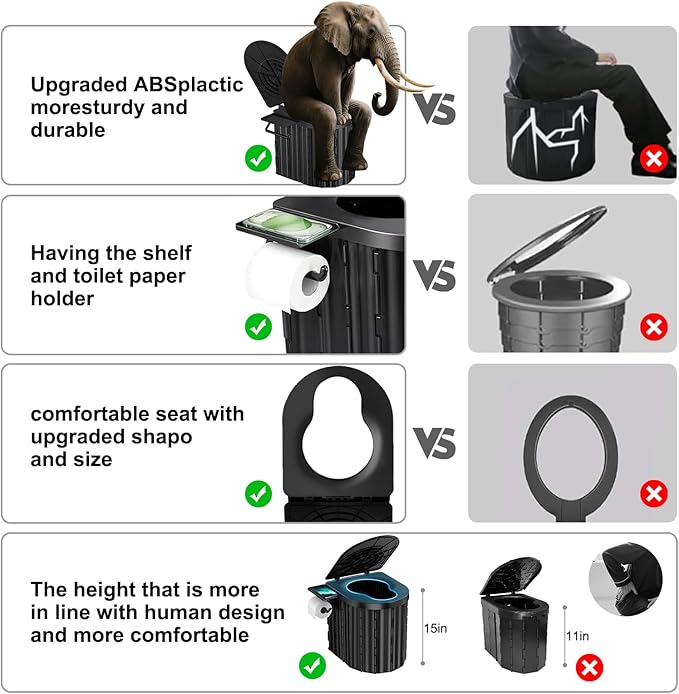 Portable Toilet for Adults, Upgraded 15'' Height Folding Camping Toilet, Travel Potty with Lid & Detachable Paper Holder, Portable Potty for Camping,RV, Car, Tent, Beach, Hiking, Outdoor Adventures